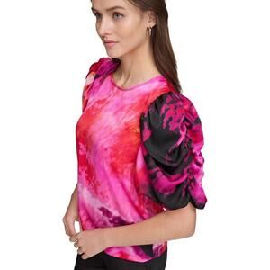 DKNY Floral Printed Balloon Sleeve Crewneck Tee Top Size L NWT